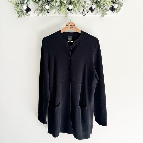Eileen Fisher Black Silk Cotton Half Button Cardigan Pockets Quiet Luxury PL 19- - Picture 1 of 5